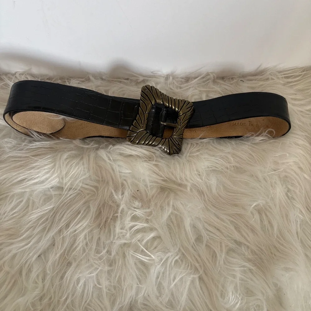 Adrienne Landau Studio Black Croc Embossed Leather Belt Bronze Buckle Size L
